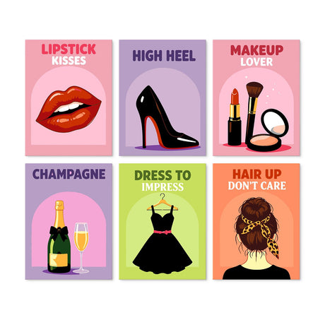 Lipstick and Champagne Glam mini board kit – Red lips, black stiletto, makeup, champagne, little black dress and a bun hairstyle with pink beauty slogans