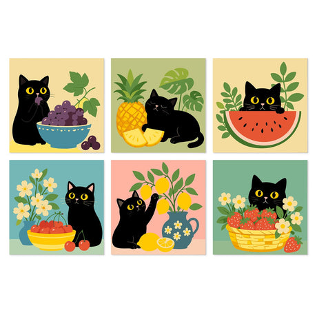 Watermelon Cat Fruit Feast mini board kit – Black cats with grapes, a pineapple, watermelon, cherries, lemons and a strawberry basket on pastel colors