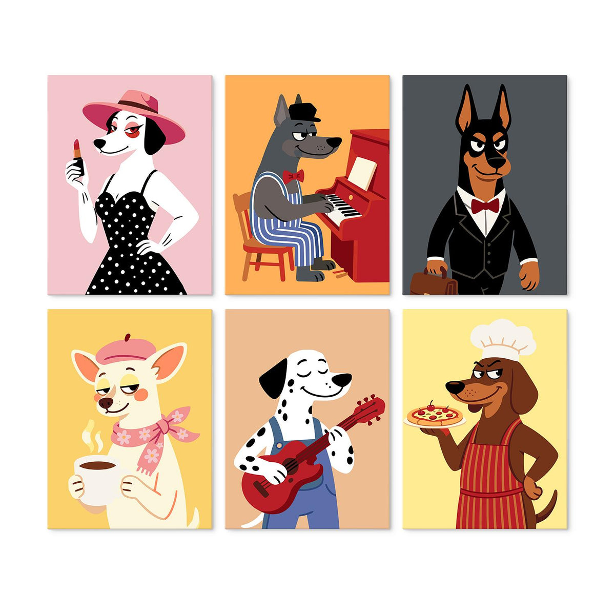 Dapper Dogs and Pizza Chef mini board kit – Dressed-up dogs: glam dalmatian, piano player, tuxedo doberman, coffee chihuahua, guitarist and pizza chef