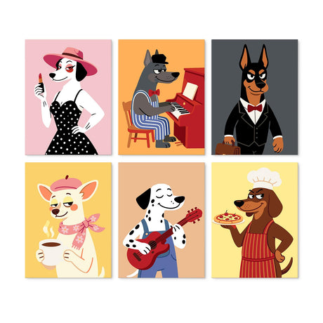 Dapper Dogs and Pizza Chef mini board kit – Dressed-up dogs: glam dalmatian, piano player, tuxedo doberman, coffee chihuahua, guitarist and pizza chef