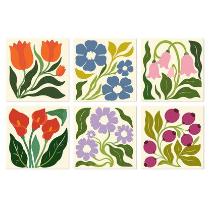 Calla Lily and Tulip Garden mini board kit – Stylized orange tulips, blue blossoms, pink bellflowers, red calla lilies, lilac flowers and berries on cream