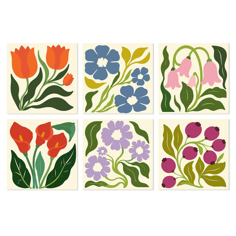 Calla Lily and Tulip Garden mini board kit – Stylized orange tulips, blue blossoms, pink bellflowers, red calla lilies, lilac flowers and berries on cream