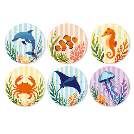 Striped Coral Reef Creatures mini board kit – Sea creatures among coral on striped pastels: dolphin, clownfish, seahorse, crab, manta ray and jellyfish