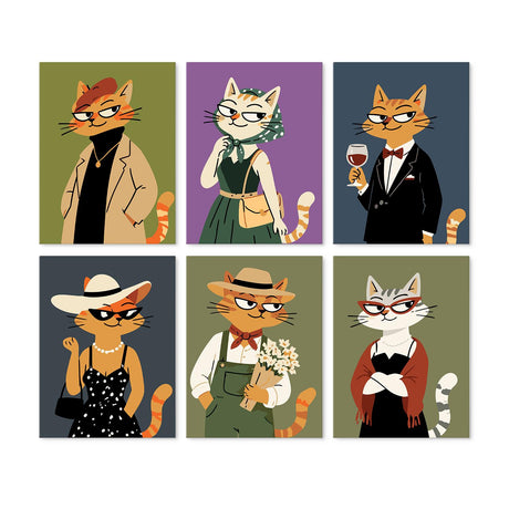 Chic Cats in Vintage Fashion mini board kit – Ginger, white and grey cats in trench coats, tuxedos, sun hats and dresses, some with sunglasses and wine