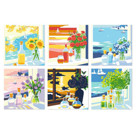 Seaview Windowsill Bouquets mini board kit – Vases of sunflowers, roses, hydrangeas, tulips and greenery with glass bottles on windowsills facing the sea
