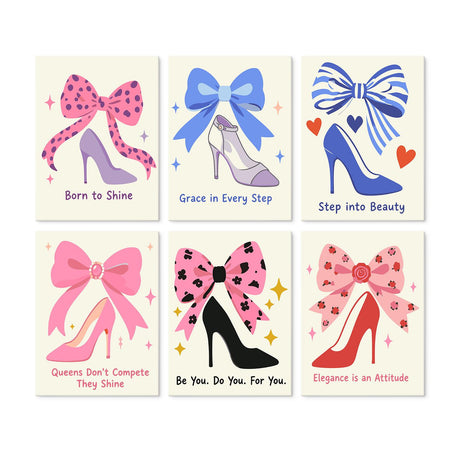 Bows and Stilettos Affirmations mini board kit – Pink, blue and red high heels with big bows and polka dots above uplifting quotes like Born to Shine