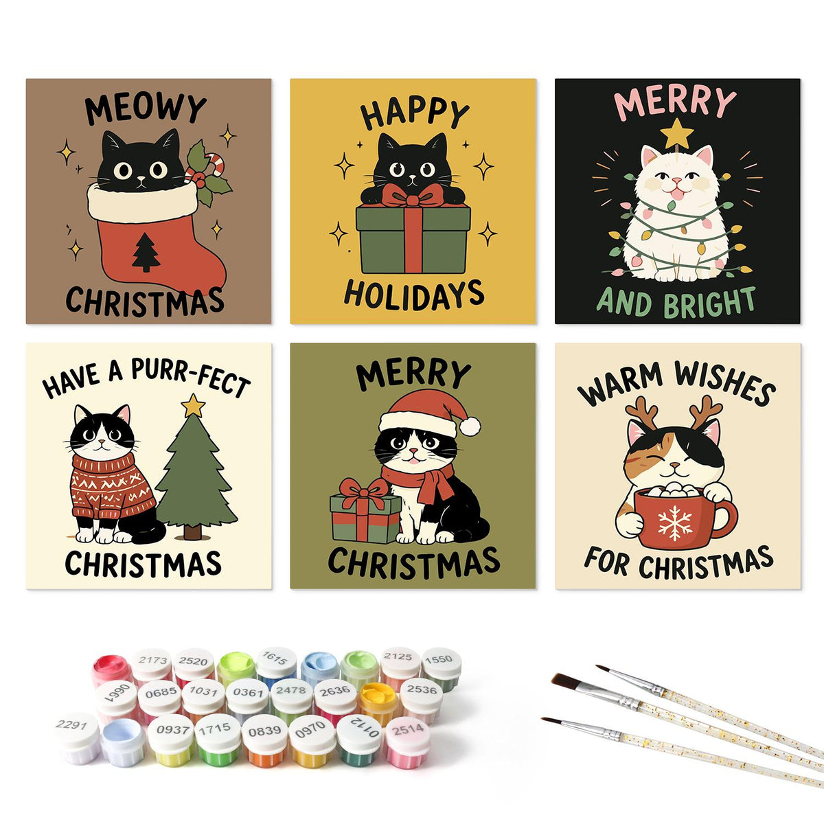 Meowy Christmas Cat Cards mini board kit – the 6 designs with the paint pots and brushes