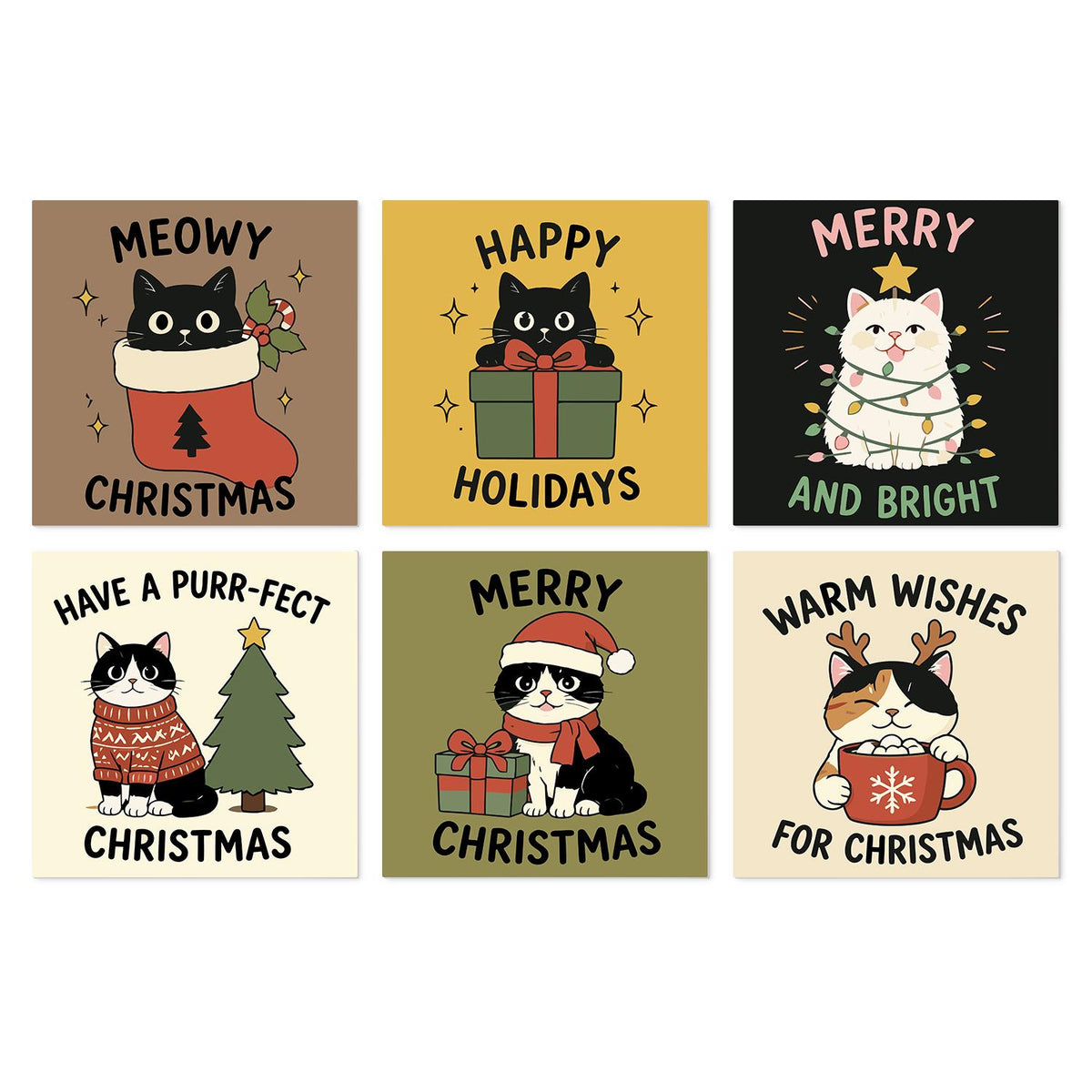 Meowy Christmas Cat Cards mini board kit – Cats in a stocking, a gift box, fairy lights, a sweater, a Santa hat and a mug with Christmas greetings