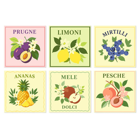 Italian Orchard Fruit Labels mini board kit – Fruit labels with Italian names: plums, lemons, blueberries, pineapple, apples and peaches with blossoms