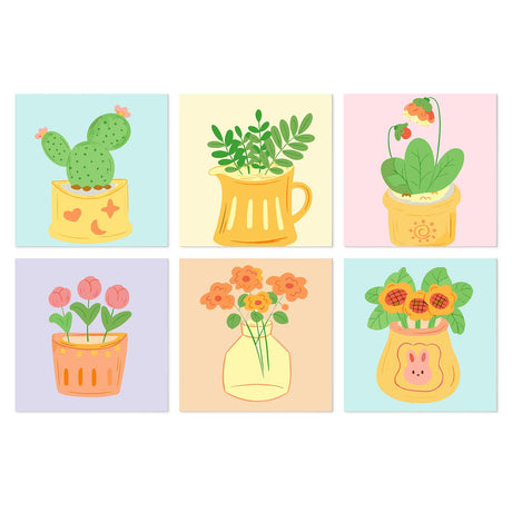 Bunny Pot and Cactus Planters mini board kit – Cute pots holding a cactus, a fern, a leafy plant, pink tulips, orange flowers and sunflowers on pastels
