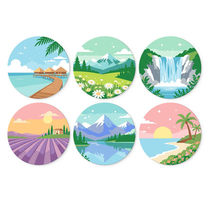 Overwater Bungalow Getaways mini board kit – Travel scenes: overwater bungalows, daisy meadow, waterfall, lavender field at sunset, mountain lake, palm beach