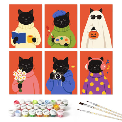 Black Cats in Cozy Sweaters mini board kit – the 6 designs with the paint pots and brushes