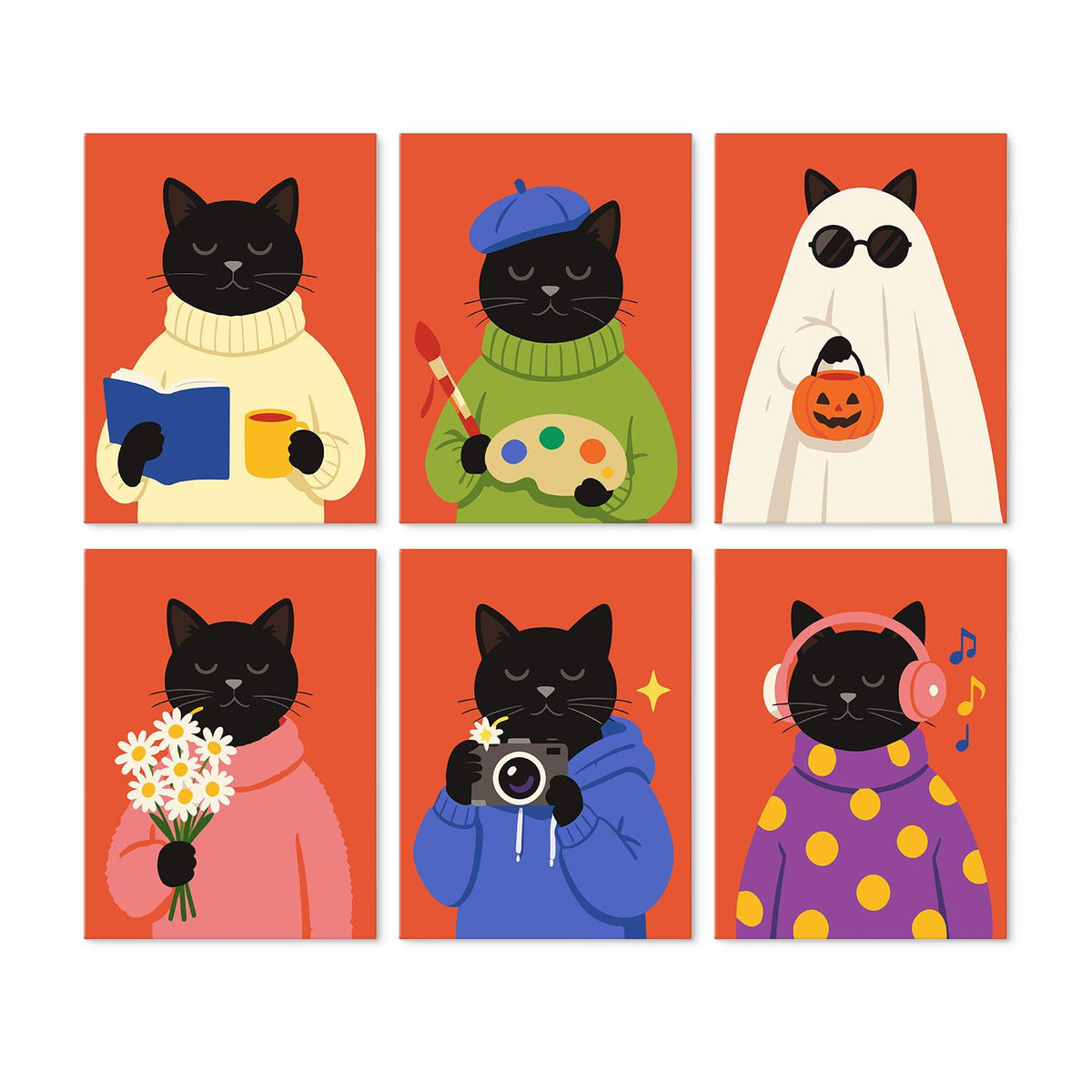 Black Cats in Cozy Sweaters mini board kit – Black cats on orange reading, painting, in a ghost sheet, holding daisies, taking photos and wearing headphones