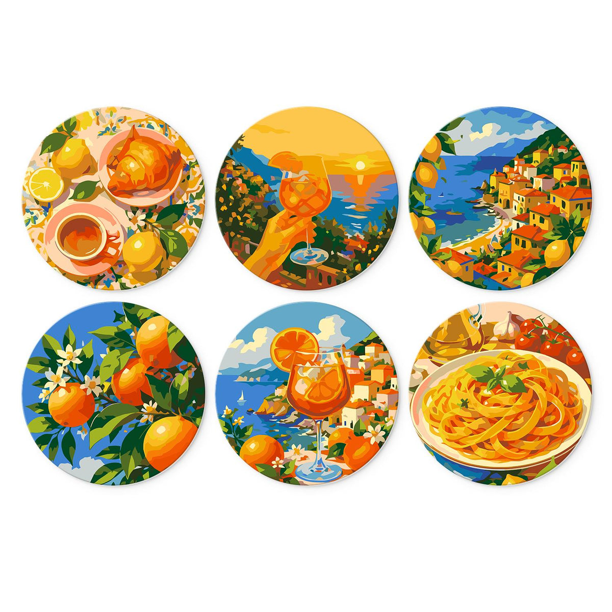 Orange Spritz Coastal Getaway mini board kit – Mediterranean scenes: croissant breakfast, spritz at sunset, cliffside village, orange tree, seaside drink, pasta