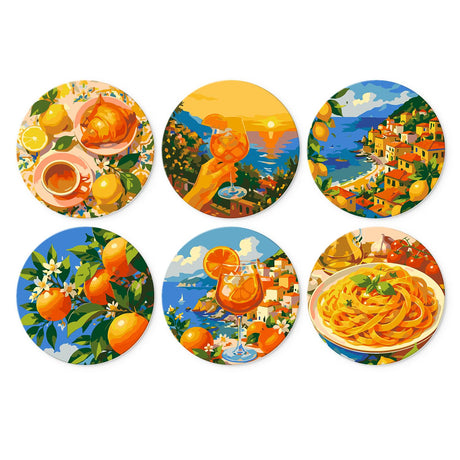 Orange Spritz Coastal Getaway mini board kit – Mediterranean scenes: croissant breakfast, spritz at sunset, cliffside village, orange tree, seaside drink, pasta