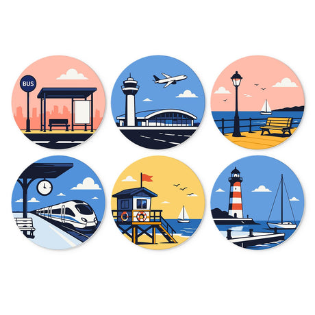 Bullet Train to the Lighthouse mini board kit – Travel scenes: bus stop, airport tower with plane, seaside promenade, high-speed train, lifeguard tower, lighthouse