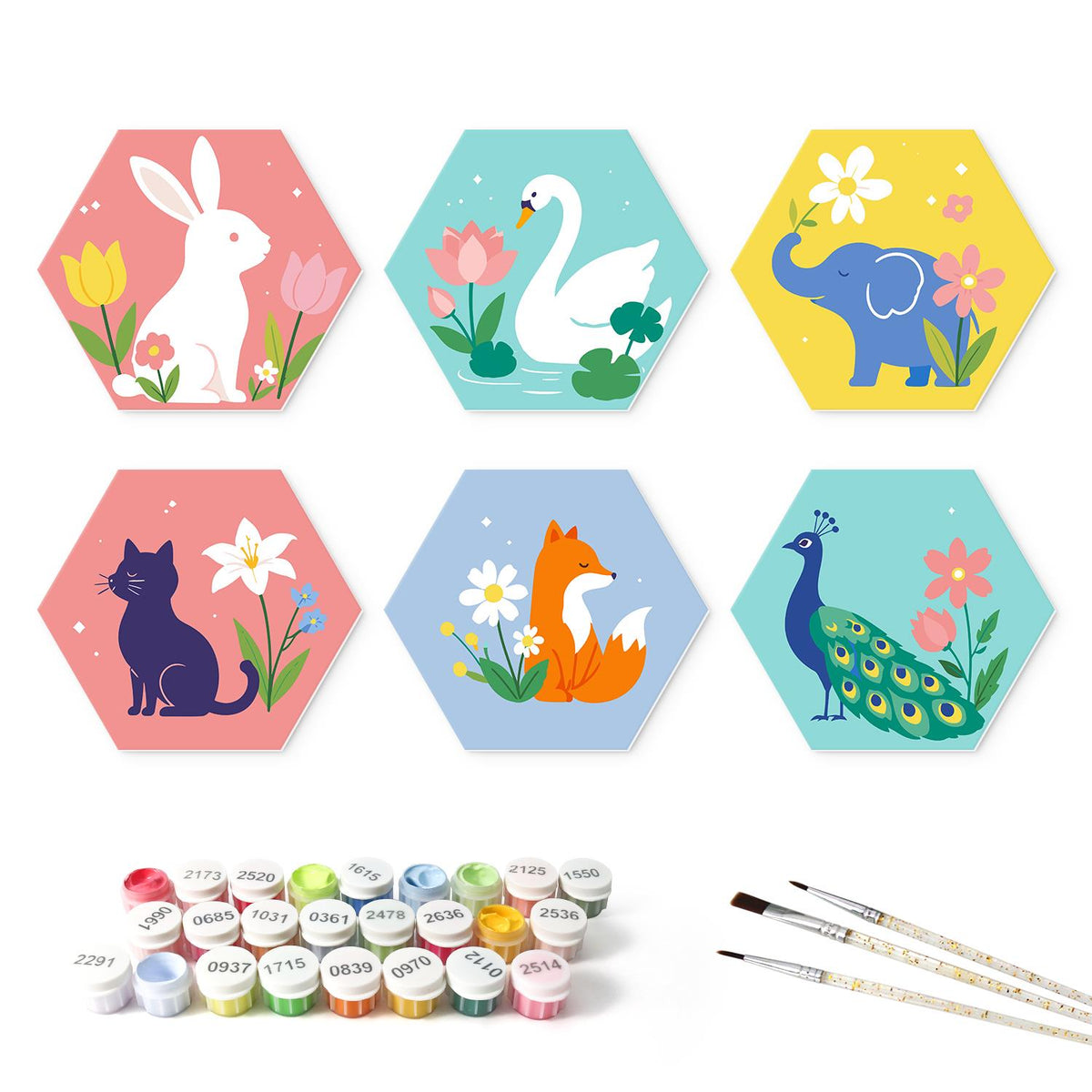 Peacock and Bunny Blossoms mini board kit – the 6 designs with the paint pots and brushes