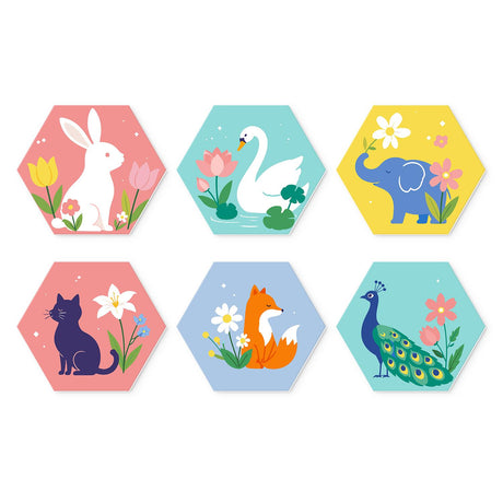 Peacock and Bunny Blossoms mini board kit – Animals among flowers: white rabbit with tulips, swan with lotus, blue elephant, cat with lily, fox, peacock