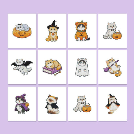 Costumed Cats and Pumpkins mini diamond painting – Twelve cartoon cats in Halloween costumes: witch hats, bat wings, a ghost sheet, a broom and pumpkin buckets