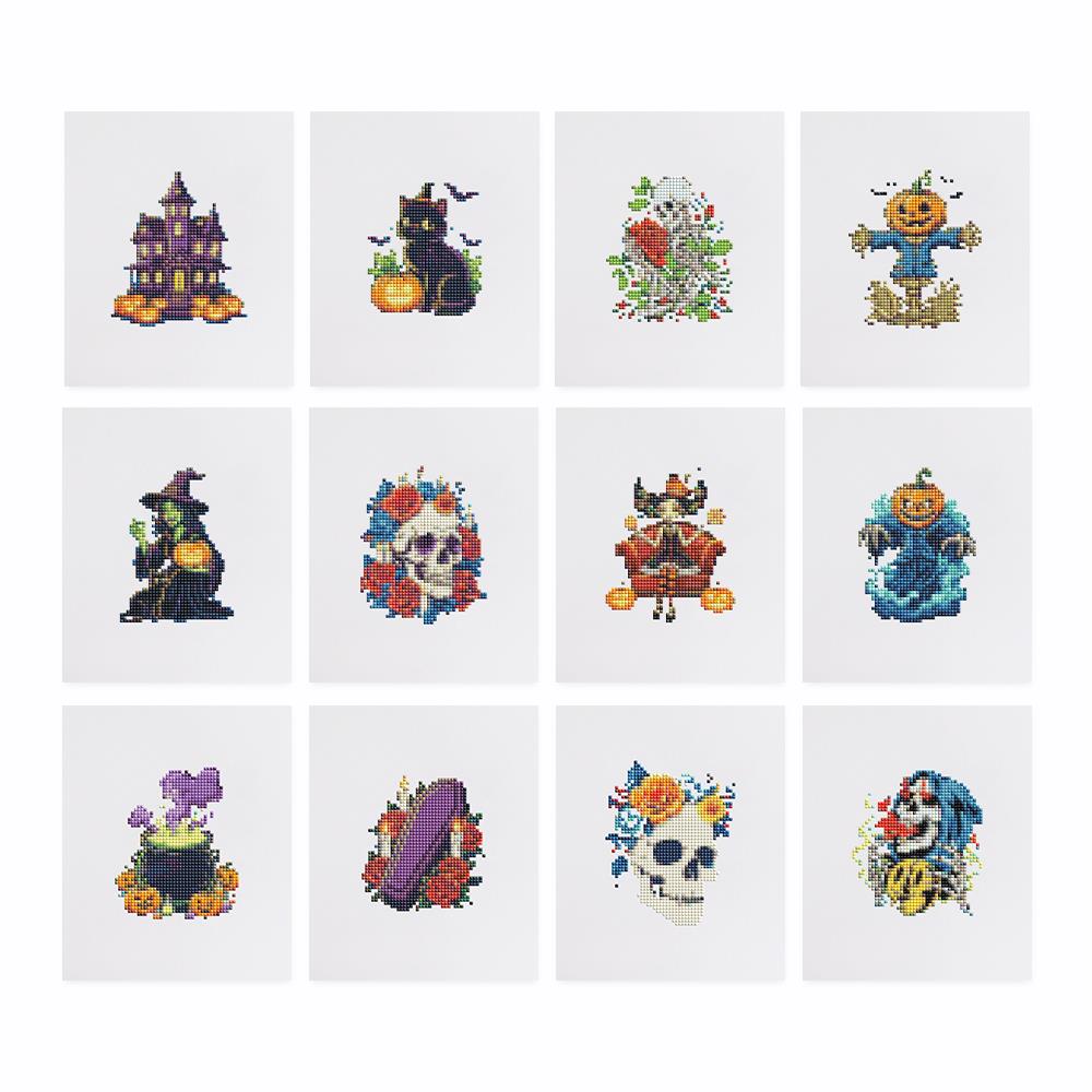 Gothic Skulls and Roses mini diamond painting – the 12 designs laid out on white