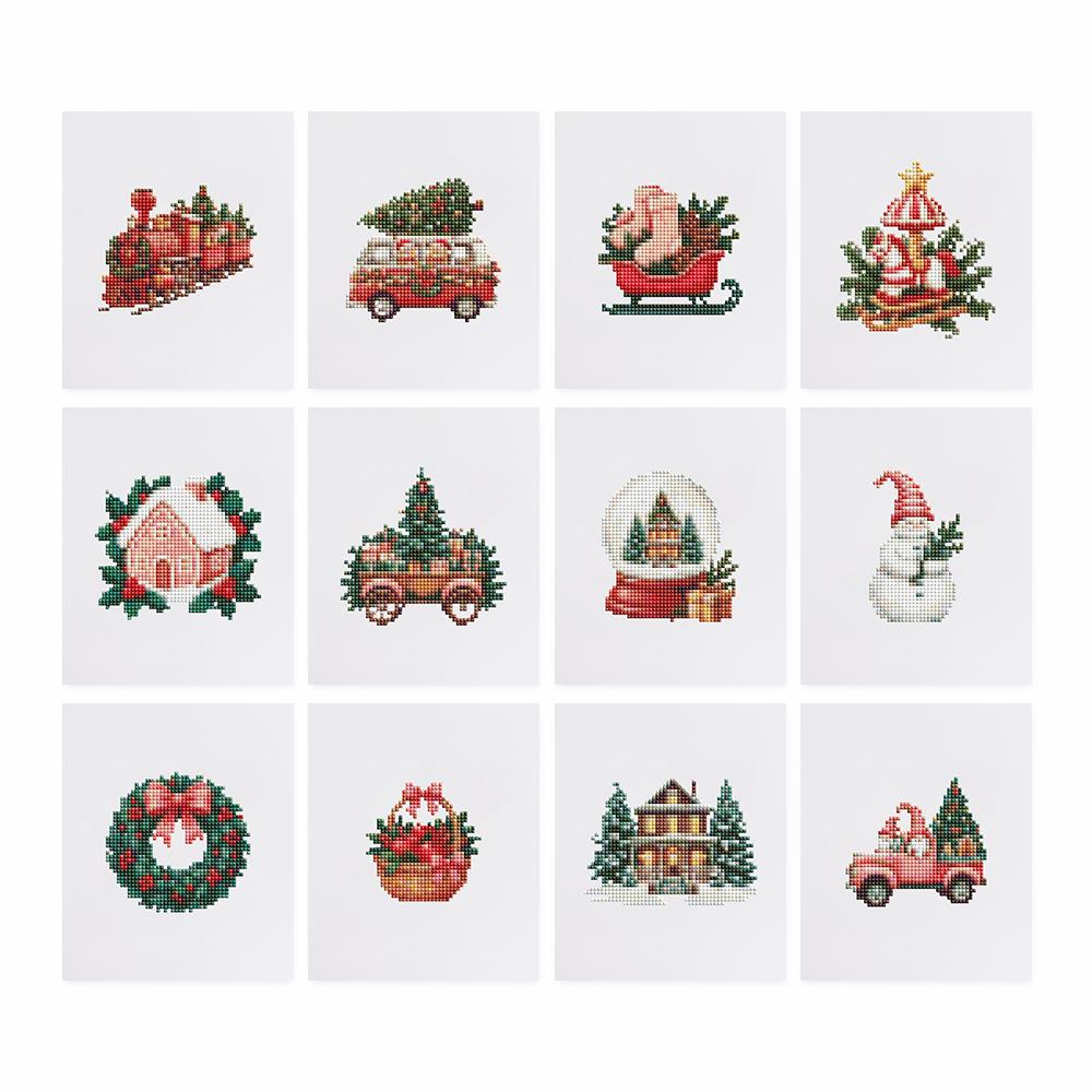 Vintage Red Christmas Rides mini diamond painting – the 12 designs laid out on white