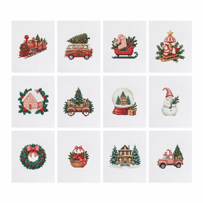 Vintage Red Christmas Rides mini diamond painting – the 12 designs laid out on white