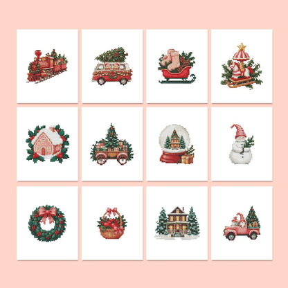 Vintage Red Christmas Rides mini diamond painting – Red Christmas designs: steam train, vintage van and truck with trees, sleigh, gingerbread house, gnome, wreath