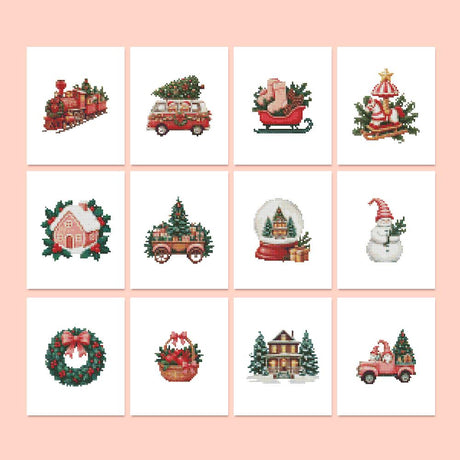 Vintage Red Christmas Rides mini diamond painting – Red Christmas designs: steam train, vintage van and truck with trees, sleigh, gingerbread house, gnome, wreath