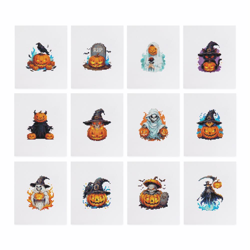 Glowing Witch Hat Pumpkins mini diamond painting – the 12 designs laid out on white