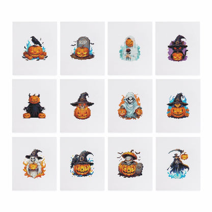Glowing Witch Hat Pumpkins mini diamond painting – the 12 designs laid out on white