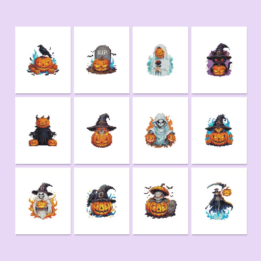 Glowing Witch Hat Pumpkins mini diamond painting – Carved jack-o'-lanterns in witch hats with a crow, tombstone, ghosts, black cat, owl and a grim reaper