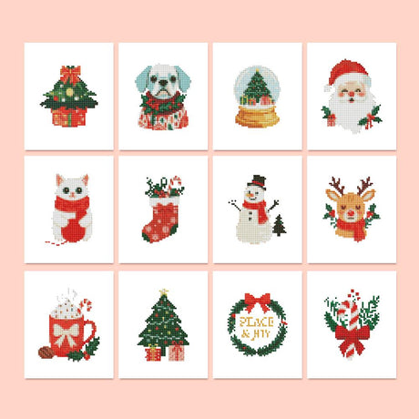 Peace and Joy Christmas Charms mini diamond painting – Christmas designs: Santa, snowman, reindeer, scarf-wrapped puppy and cat, snow globe, cocoa mug, Peace and Joy wreath