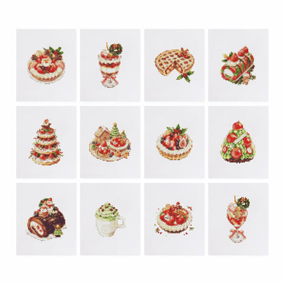 Strawberry Holiday Bakery mini diamond painting – the 12 designs laid out on white