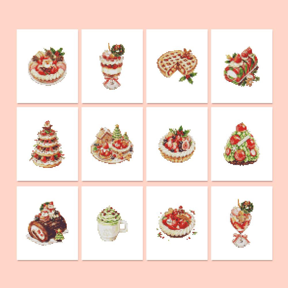 Strawberry Holiday Bakery mini diamond painting – Festive desserts with holly: strawberry cakes, tarts, Yule logs, a parfait, a matcha drink and a berry pie