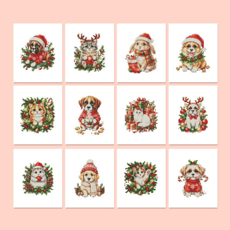 Holiday Pets in Holly Wreaths mini diamond painting – Puppies and kittens in Santa hats, antlers and red sweaters, framed by holly wreaths