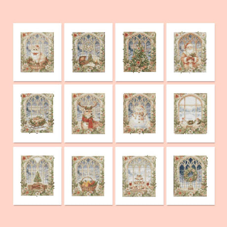 Arched Window Christmas Scenes mini diamond painting – Vintage arched windows framed in roses, looking onto snowy Christmas scenes with cats, deer, Santa and a tree
