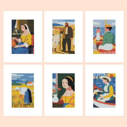 Milkmaid and Wheat Field Classics mini diamond painting – Classic genre paintings in flat bold color: a milkmaid, a farmer, women at the seaside, in a wheat field and a boat
