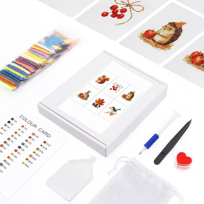 Hedgehog and Maple Leaf Autumn mini diamond painting – the box with 6 canvases, diamonds and tools