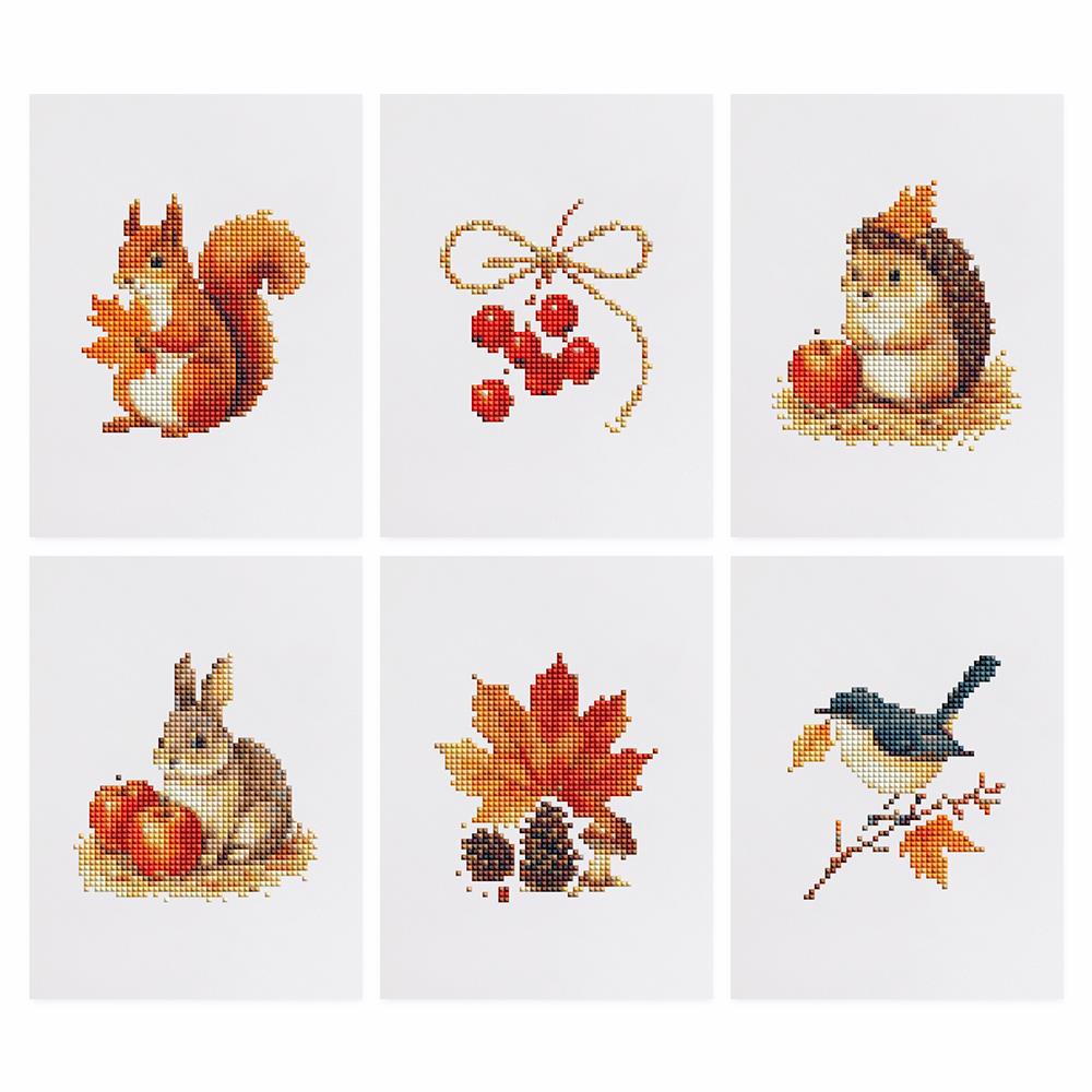 Hedgehog and Maple Leaf Autumn mini diamond painting – the 6 designs laid out on white