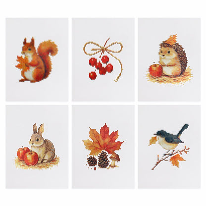 Hedgehog and Maple Leaf Autumn mini diamond painting – the 6 designs laid out on white
