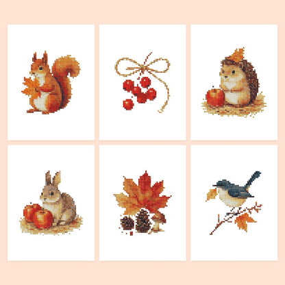 Hedgehog and Maple Leaf Autumn mini diamond painting – Autumn woodland designs: squirrel with leaves, red berries, hedgehog and rabbit with apples, maple leaf, songbird