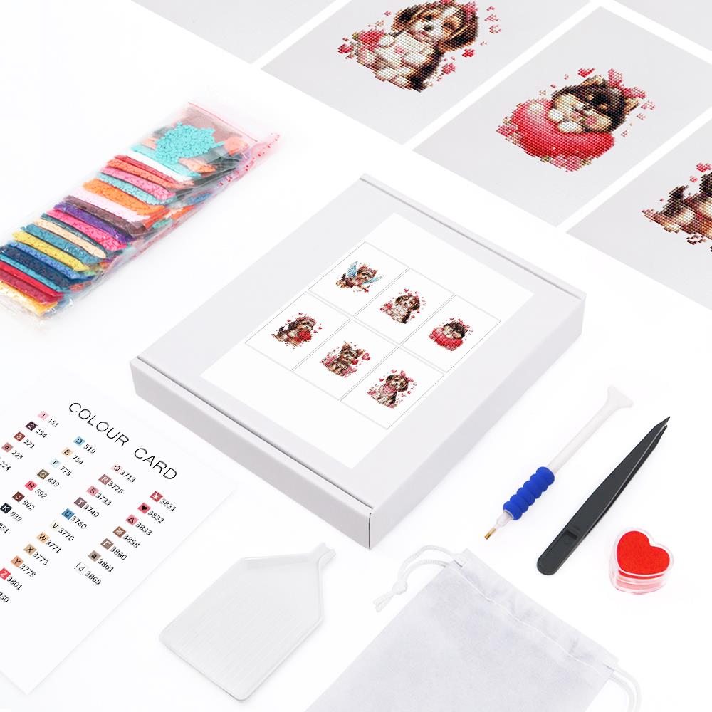 Cupid Puppies and Red Hearts mini diamond painting – the box with 6 canvases, diamonds and tools