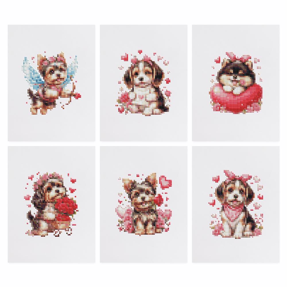 Cupid Puppies and Red Hearts mini diamond painting – the 6 designs laid out on white