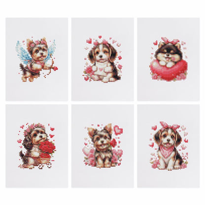 Cupid Puppies and Red Hearts mini diamond painting – the 6 designs laid out on white