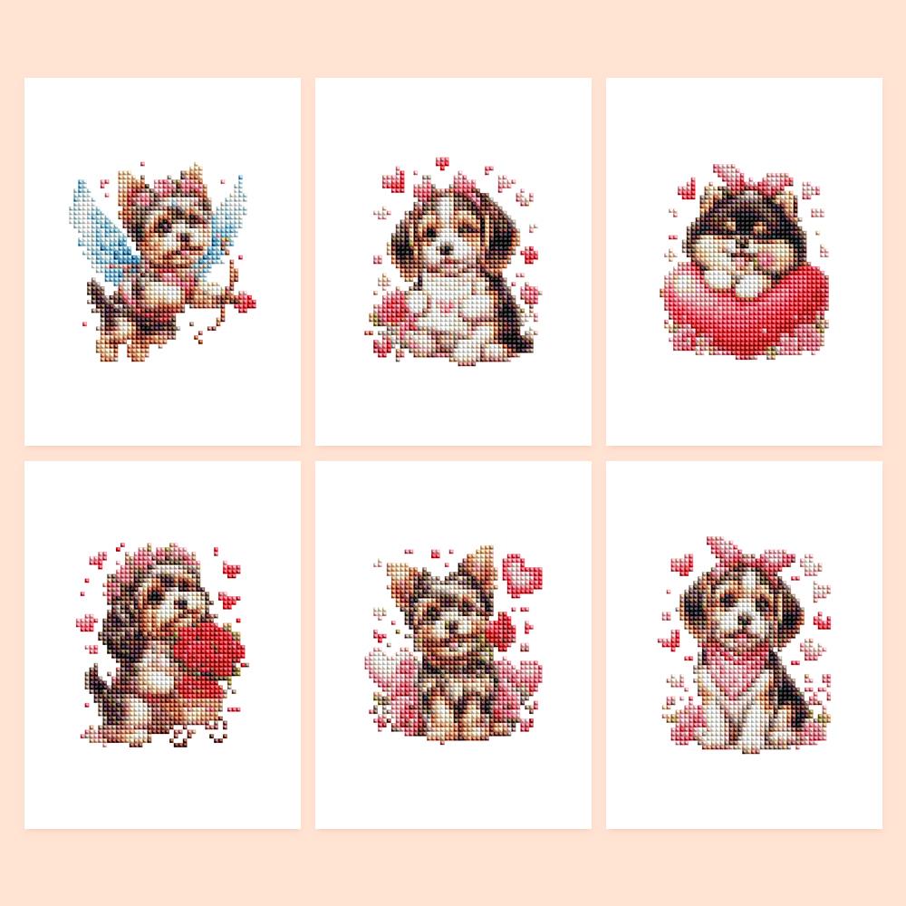 Cupid Puppies and Red Hearts mini diamond painting – Fluffy puppies with pink bows and red hearts, one a winged cupid with a bow and arrow