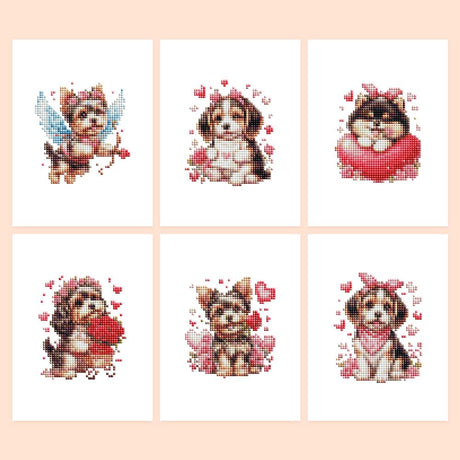 Cupid Puppies and Red Hearts mini diamond painting – Fluffy puppies with pink bows and red hearts, one a winged cupid with a bow and arrow