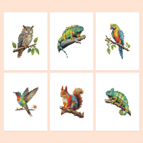 Rainbow Chameleon and Macaw mini diamond painting – Vivid wildlife on branches: an owl, two chameleons, a macaw, a hummingbird and a rainbow-colored squirrel