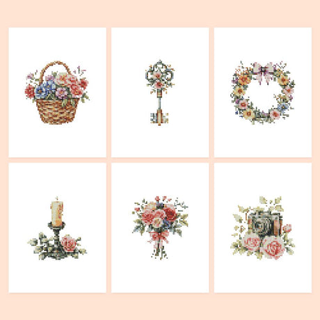 Vintage Key and Rose Keepsakes mini diamond painting – Vintage romantic designs: flower basket, ornate key, floral wreath, candle with roses, rose bouquet, old camera