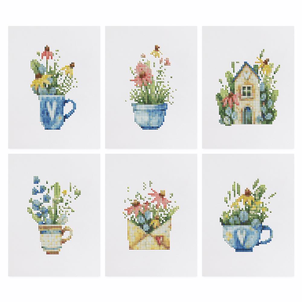 Wildflowers in Teacups mini diamond painting – the 6 designs laid out on white