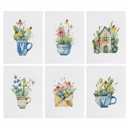 Wildflowers in Teacups mini diamond painting – the 6 designs laid out on white
